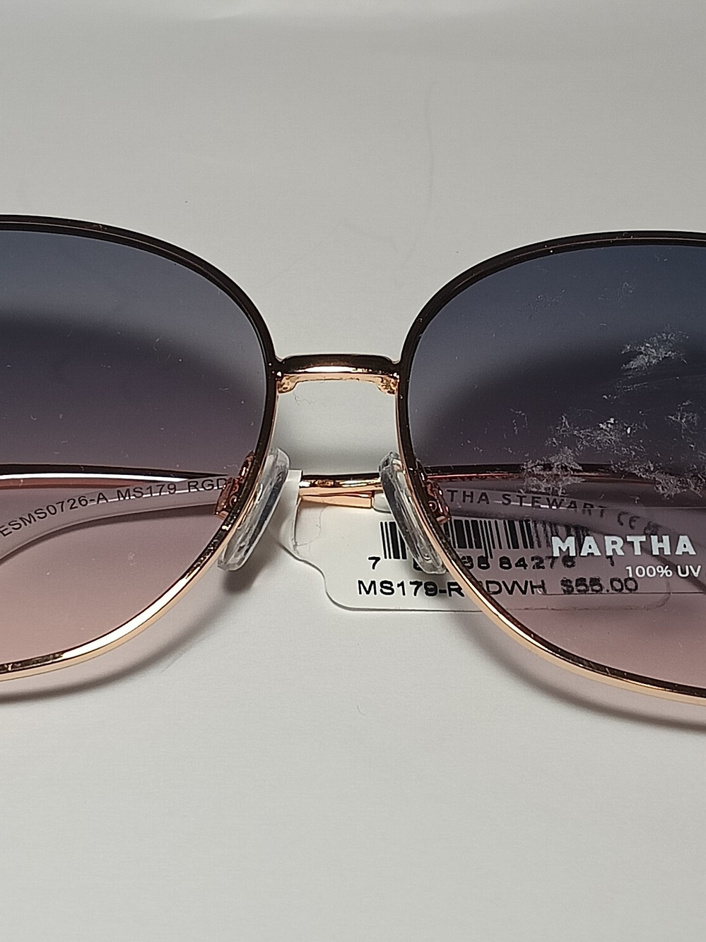 Martha Stewart Rose Gold Frame Sunglasses with Gradient Gray-Purple Lenses